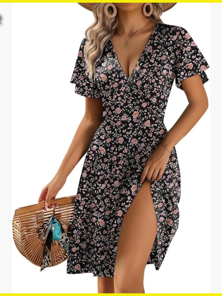 Floral Wrap V-Neck A-Line Dress Ruffle Sleeve Casual Sundress With Pockets